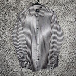 Hugo Boss Mens Large Striped Long Sleeve Cotton Button Up Shirt Grey Brown
