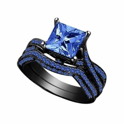 2.38ct Blue Princess Diamond Bridal Set Black Silver Ring Lab Created Fine Jewel - Image 1 of 4