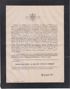 1884 Faire-part décès Mme Jules CLAUDE née Adèle des FLOTTES de FOMBESSE Limoges - Imagen 1 de 1