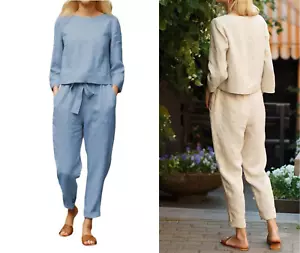 Abiti donna 2 pezzi cravatta auto manica lunga camicetta top set pantaloni lunghi - Foto 1 di 4
