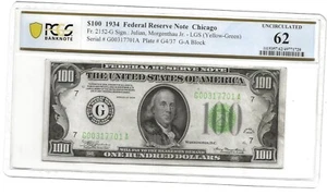 1934 $100 Federal Reserve Note - Light Green Seal - PCGS 62 Uncirculated - Picture 1 of 2
