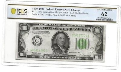 1934 $100 Federal Reserve Note - Light Green Seal - PCGS 62 Uncirculated - Image 1 of 2