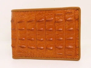 100% Real Croc Leather Skin Bifold Wallet Men's Orange Hornback - Picture 1 of 5