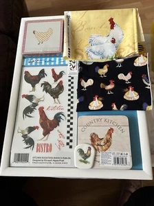 Chicken & Rooster items 4 Small tiles, Coasters, Transfers & Fabrics & 7”Rooster - Picture 1 of 15