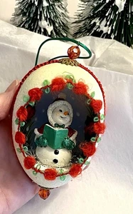 Vintage 5 Zoll Weihnachten gezuckertes mattiertes Ei Diorama Ornament Schneemann Handarbeit Kitsch Verzierungen - Bild 1 von 20