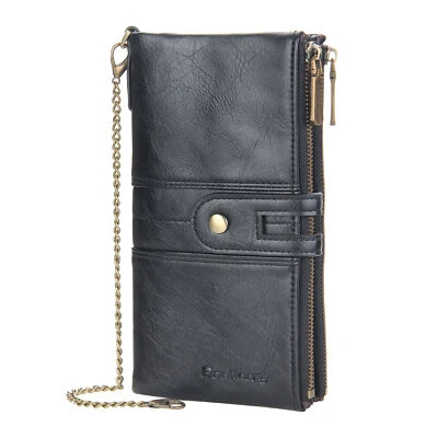 Cartera de cuero para hombre de motociclista de cadena larga con bloqueo RFID doble pliegue tarjetero regalo Foto 1 de 4