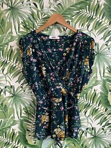 Oasis dark green floral wrap top size L