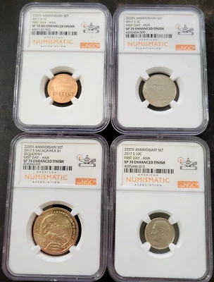 2017 S 225TH ANNIVERSARY 4 COINS Set NGC SP70 FIRST DAY ANA Enhanced FINISH - Image 1 of 2
