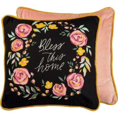 Bless This Home Traditional Vintage Style Floral Throw Pillow 16" x 16" NEW - Image 1 of 3