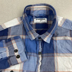 Express Button Up Shirt Mens S Blue Orange Long Sleeve Plaid Double Chest Pocket - Picture 1 of 9