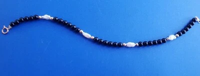 Vintage 7.5" Solid Yellow 14k Gold with Onyx Gemstones Freshwater Pearl Bracelet - Imagem 1 de 3