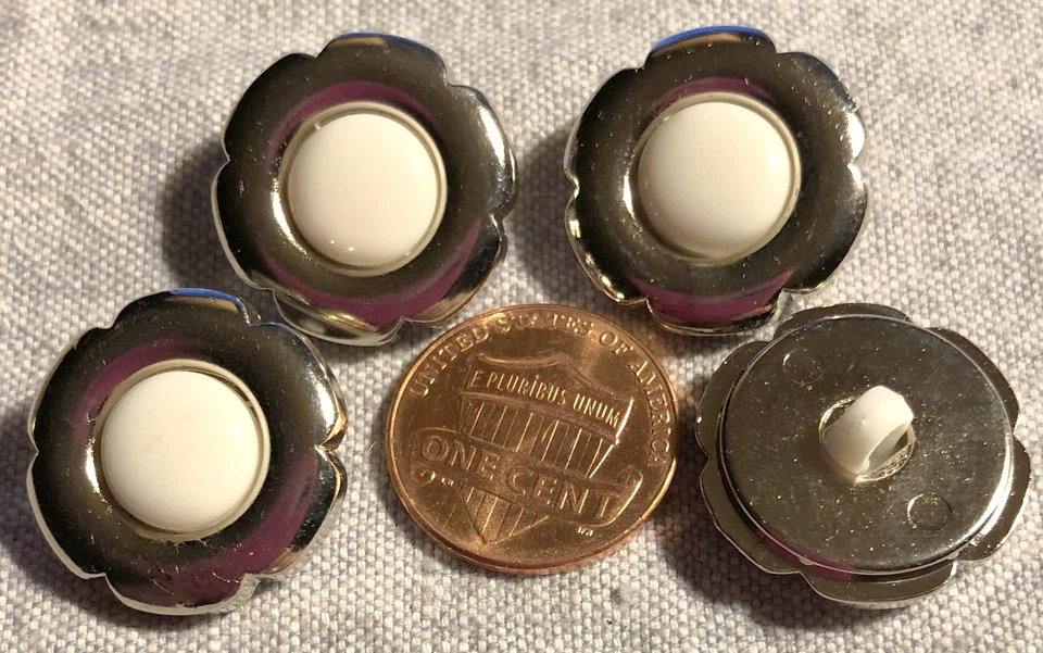 4 Shiny Silver Tone & White All Plastic Shank Buttons 20mm Almost 13/16" 8981 - Image 1 of 1