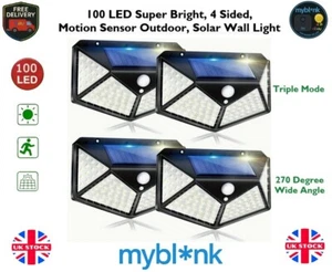 4 x Luci da Parete Super Luminose 100 LED Esterno Sensore di Movimento Solare Sicurezza 3 Modalità - Foto 1 di 9