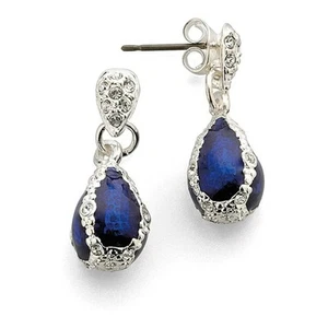 Silver Plated Petite Cobalt Blue Egg Crystal Drop Earrings 1 inch - Picture 1 of 7