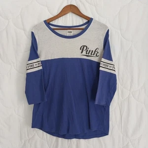 T-shirt baseball Victoria Secret ROSA grande blu grigio manica 3/4 cotone raglan - Foto 1 di 9