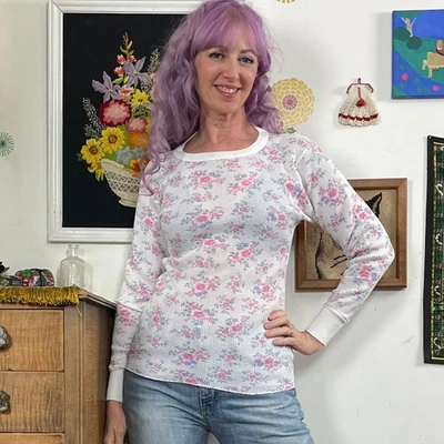 Camisa térmica floral vintage, anos 1980 tecido waffle algodão poli extremidade de trilha tamanho 2X - Imagem 1 de 4