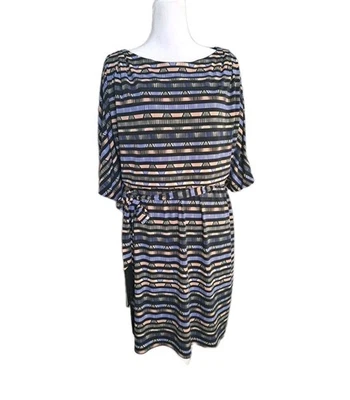 Jessica Simpson Dress Geo Blue Cold Shoulder Slv Drawstring Business-Casual M - Image 1 of 4