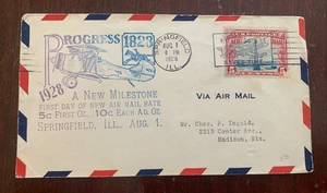 1928 Air Mail Springfield Illinois Madison Wisconsin 5 cent stamp  - Picture 1 of 2