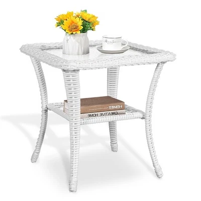 Wicker Patio Coffee Table Outdoor Side Table Rattan End Table with Glass Top - Image 1 of 4