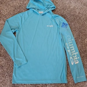 Columbia Mens Small PFG Terminal Tackle Heather Cyan Blue L/S Hoodie Fishing  - Picture 1 of 9