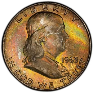 MS65 1963-D 50C Franklin Silver Half Dollar, PCGS Trueview- Rainbow Toned - Picture 1 of 7