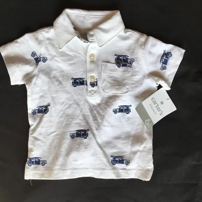 Carter’s 6 Meses Bebé Niño Polo Blanco Y Azul Marino Coches Surf Nuevo Foto 1 de 3