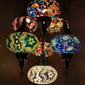 Turkish Moroccan Handmade Mosaic Ceiling Pendant Lamp Chandelier + LED Bulbs - Picture 1 of 5