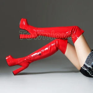 Women Thigh High Boots Chunky High Heel Punk Boots Patent Leather Party Shoes - Picture 1 of 26