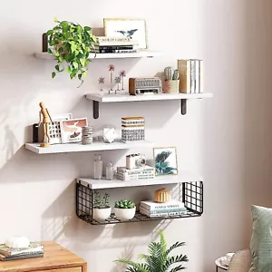4PCS Wooden Floating Shelves Wall Mounted Display Storage Hold Book Shelf UK - Picture 1 of 16