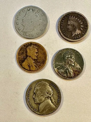 Set of 5 coins: 1944P Jeff War Nick.w/strike thru on rev, 1863 Ind H, 1943 steel Cover