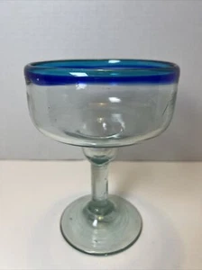 Mexican Hand Blown Glass Cobalt & Turquoise Blue Rimmed Margarita Glass - Picture 1 of 7