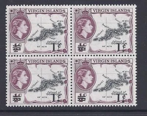 BRITISH VIRGIN ILDS, QE11, EDIZIONE 1962, 1c ON 1/2d SG 162, MNH BLOCCO 4 - Foto 1 di 1