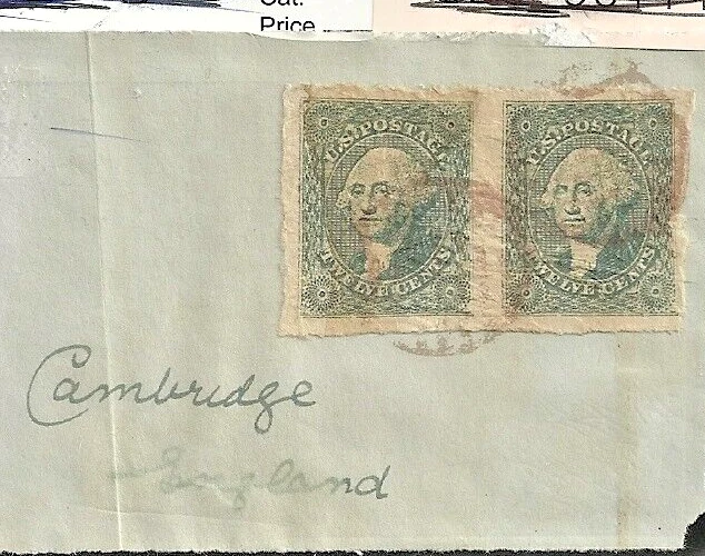 US Scott # 17, 12 cent black ,Imperf Pair , Cambridge piece, 1851 - Image 1 of 2