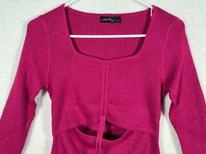 On Twelfth Ribbed Knit Cut Out Top Metallic Hot Pink Size Small Cinch Tie NEW - Picture 1 of 10