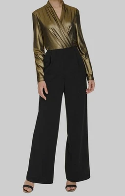 Macacão feminino Tommy Hilfiger preto dourado cintilante sólido perna larga tamanho 12 - Imagem 1 de 2