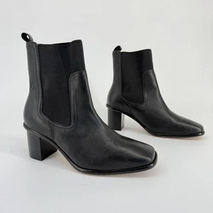 Patina Black Leather Ankle Boots Handmade Mexico Size 8 Square Toe Block Heel 90 - Picture 1 of 9