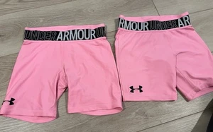 2 Pairs Of Pink Under Armour Girls Biker Shorts Youth Medium - Picture 1 of 7