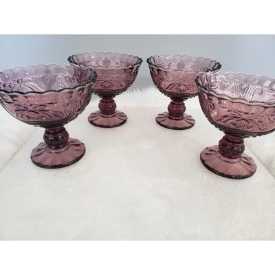 Vintage 4 Amethyst Purple Footed Candy Compote Dessert Bowl Scalloped Depression - Image 1 of 4