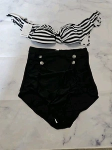 Women's 2 Piece swimsuit black and striped bikini bra and solid black shorts - Picture 1 of 5
