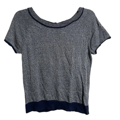 Anthropologie Field Flower Preppy Twee 纽扣背面针织上衣灰色蓝色小号丝绸 — 第 1/4 张图片