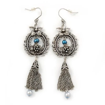 Vintage Inspired Floral Freshwater Pearl, Tassel Drop Earrings In Burn Silver - Image 1 of 4