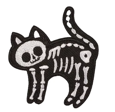 SKELETON CAT - BLACK & WHITE - HALLOWEEN - Embroidered Iron-On Patch - Image 1 of 2