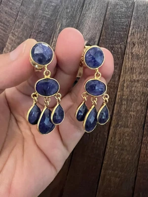 Blue Sapphire Gemstone Dangle Earrings in 18k Gold Polish over Sterling Silver - Image 1 of 3