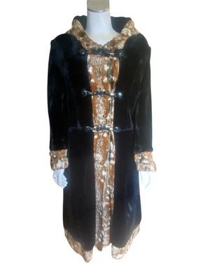 复古 70 年代人造毛皮黑色棕色白色便士巷大衣带帽 S/M — 第 1/4 张图片