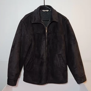 St. John's Bay Faux Suede Black Bomber Jacket Mens Sz M Full Zip Sherpa Lined - Picture 1 of 9