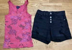 Girl's Gap & Justice Outfit size 8 - Dark Pink Floral Tank w/Black Jean Shorts - Picture 1 of 7