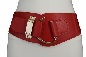 Women Hook Buckle Elastic Wide True Red Color Stretch Fun Belt Size Small Medium