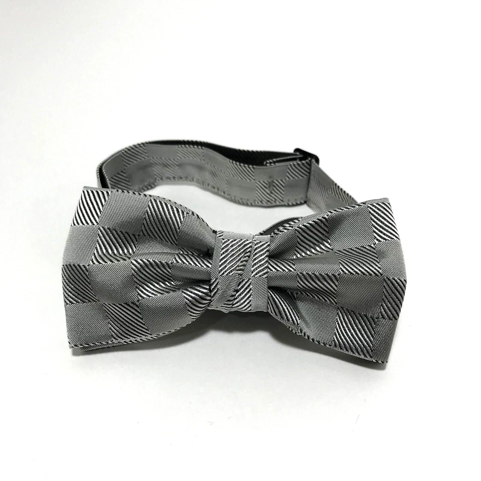 Men Bow Tie Pre Tied Plaid Gray Silver Vintage Mel Howard Butterfly Wedding Prom - Image 1 of 4