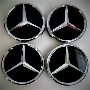 Neu 4 x für Mercedes-Benz 75mm Schwarz/Glanz/Chrom Nabendeckel Nabenkappen DE A+ - Bild 1 von 4