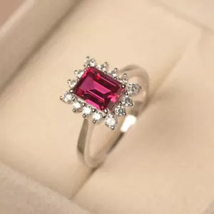 Pink Ruby Ring Lab Created Emerald Cut Gemstone 925 Sterling Silver Women Ring - Picture 1 of 4